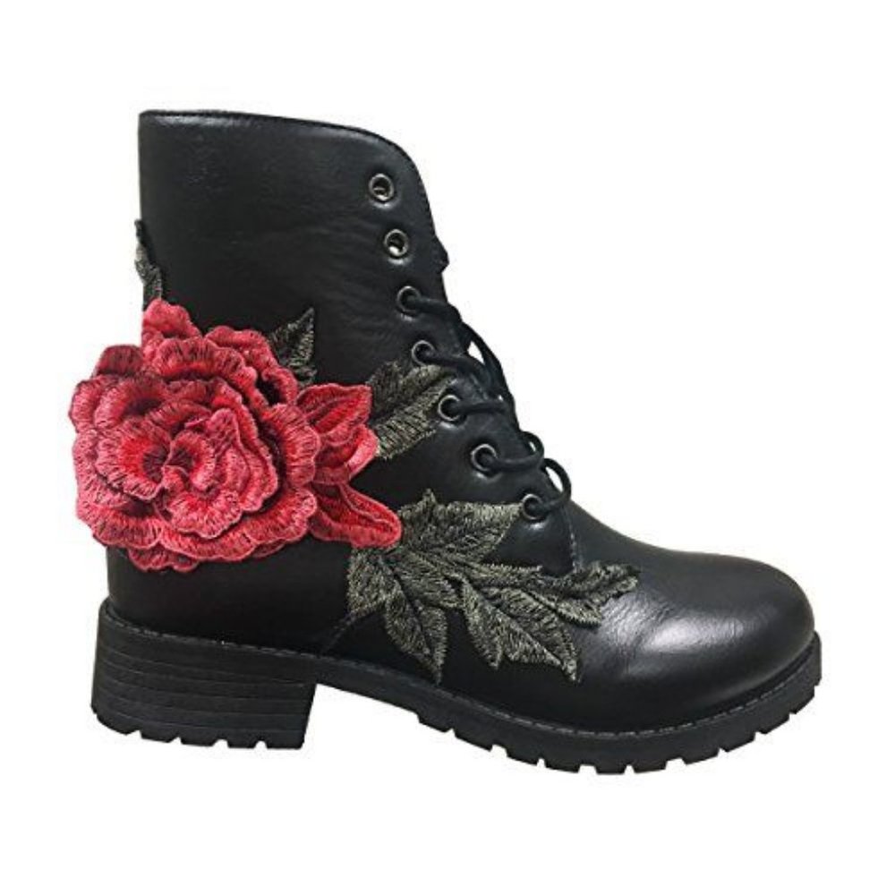Yoki Black Floral Combat Boots Size 6.5 3D Rose Embroidered Lace Up Ankle Boots